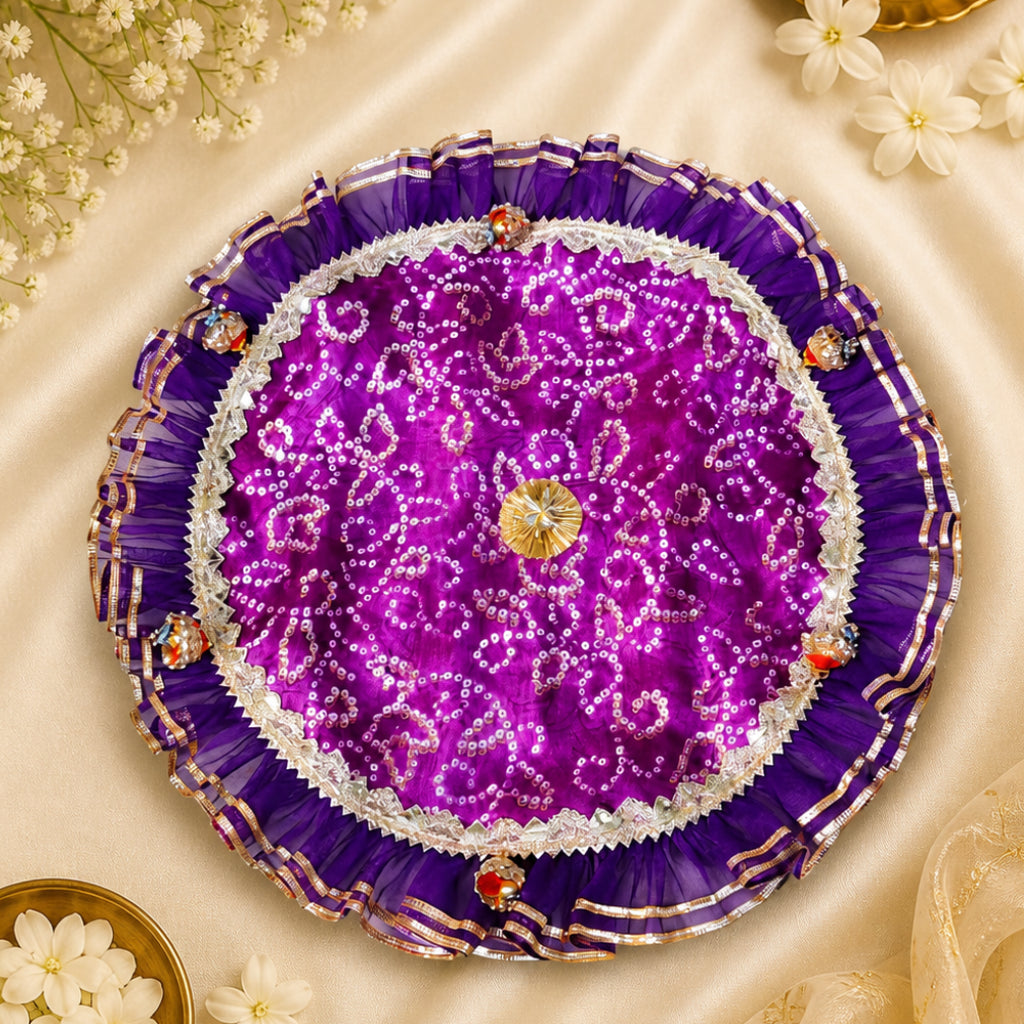 Pooja Thaal Cover – Bhandej Fabric with Tissue Lace (15 Inch)