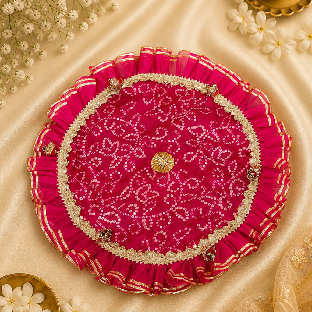 Pooja Thaal Cover – Bhandej Fabric with Tissue Lace (15 Inch)