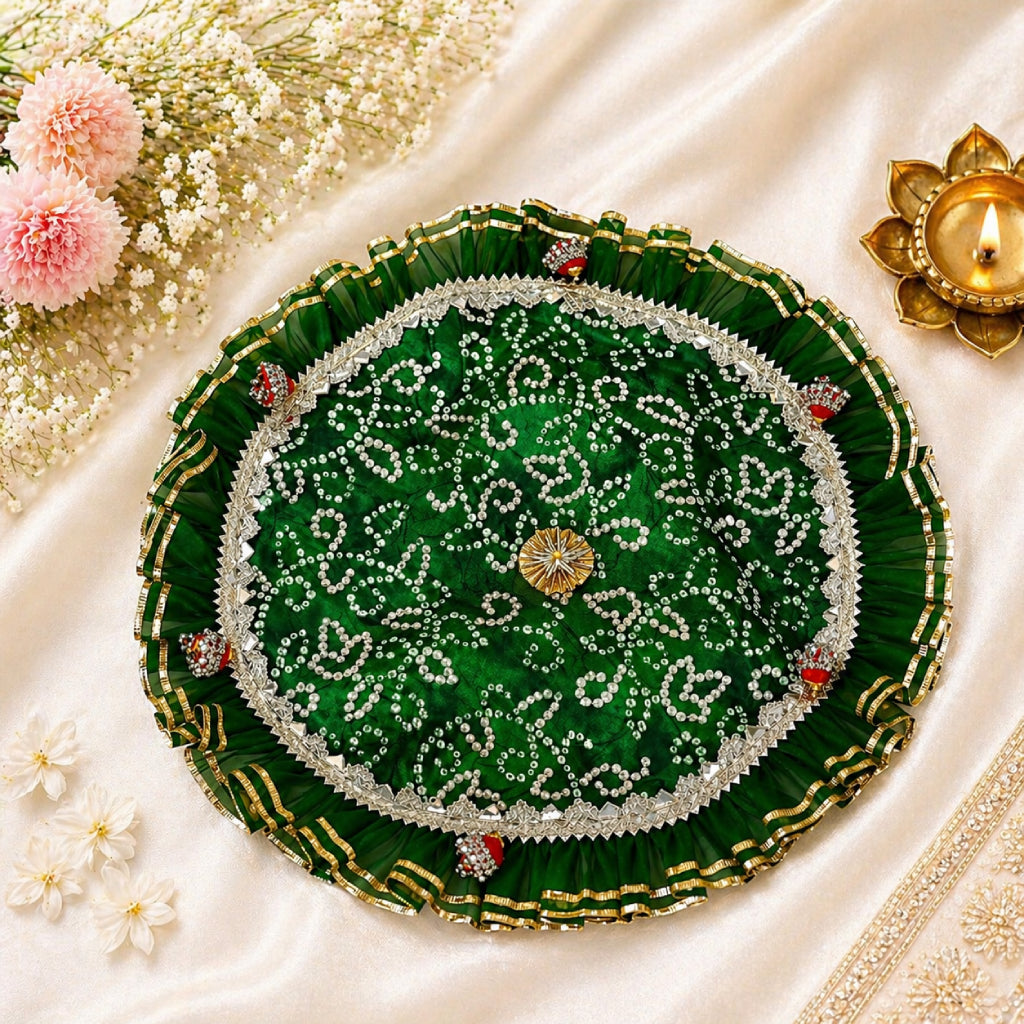 Pooja Thaal Cover – Bhandej Fabric with Tissue Lace (15 Inch)