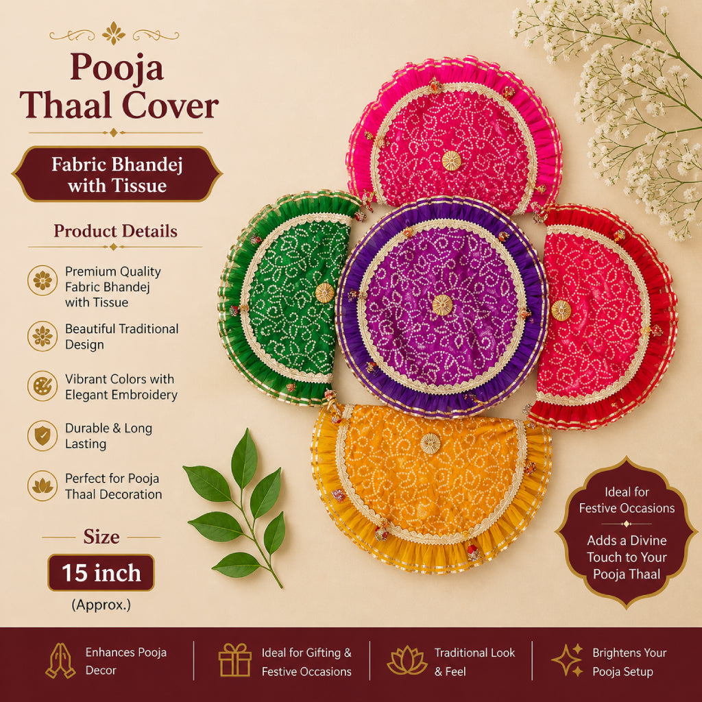 Pooja Thaal Cover – Bhandej Fabric with Tissue Lace (15 Inch)