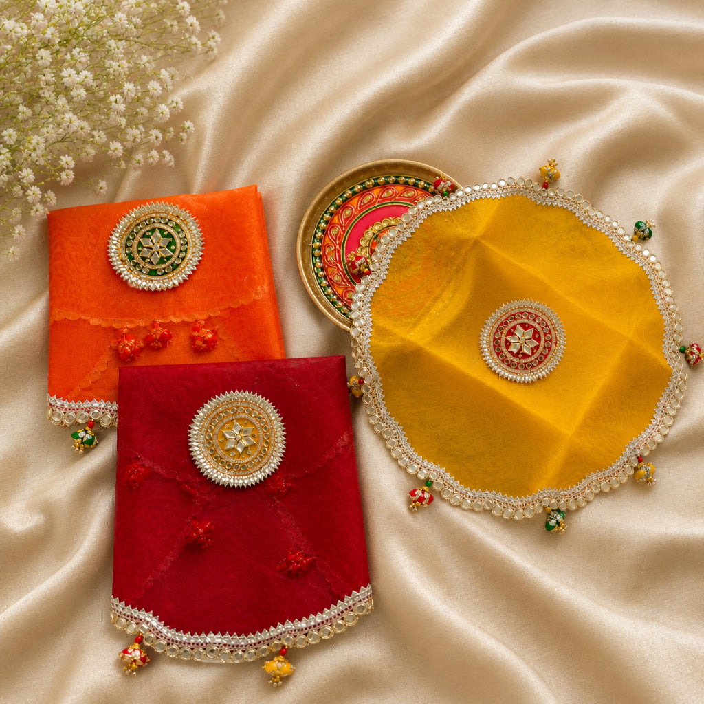 Pooja Thaal Cover – Tissue Fabric with Fancy Lace (15 Inch)