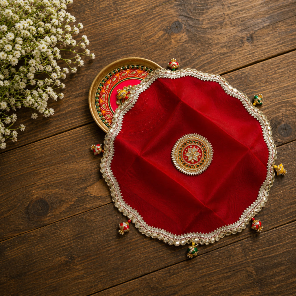 Pooja Thaal Cover – Tissue Fabric with Fancy Lace (15 Inch)
