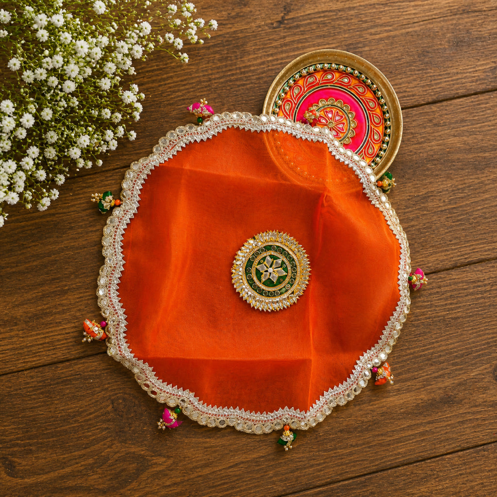 Pooja Thaal Cover – Tissue Fabric with Fancy Lace (15 Inch)