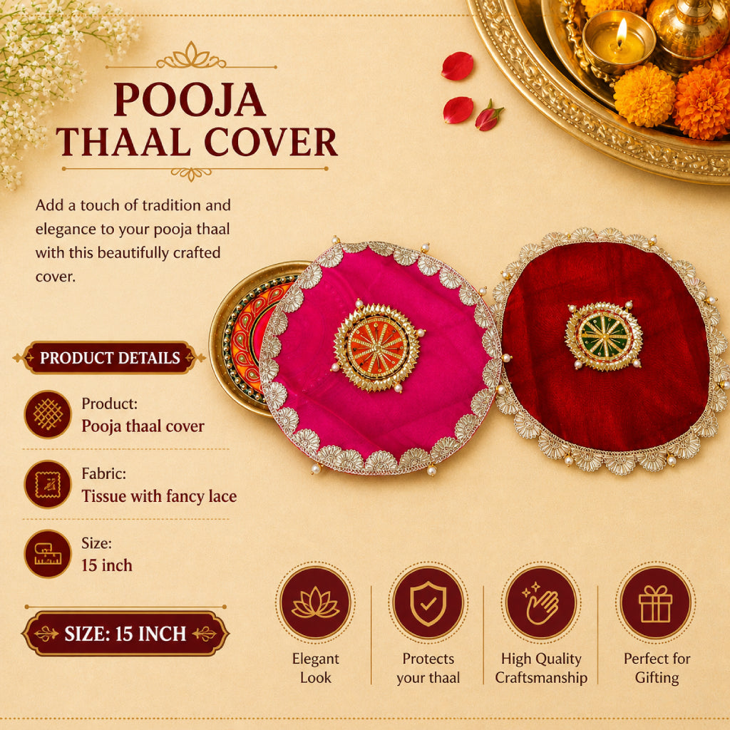 Pooja Thaal Cover – Tissue Fabric with Fancy Lace (15 Inch)