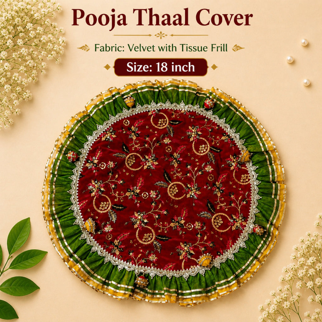 Pooja Thaal Cover – Velvet Fabric with Tissue Frill (18 Inch)