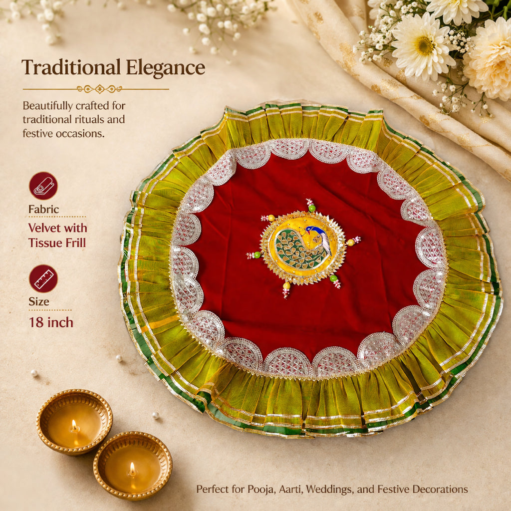 Pooja Thaal Cover – Velvet Fabric with Tissue Frill (18 Inch)