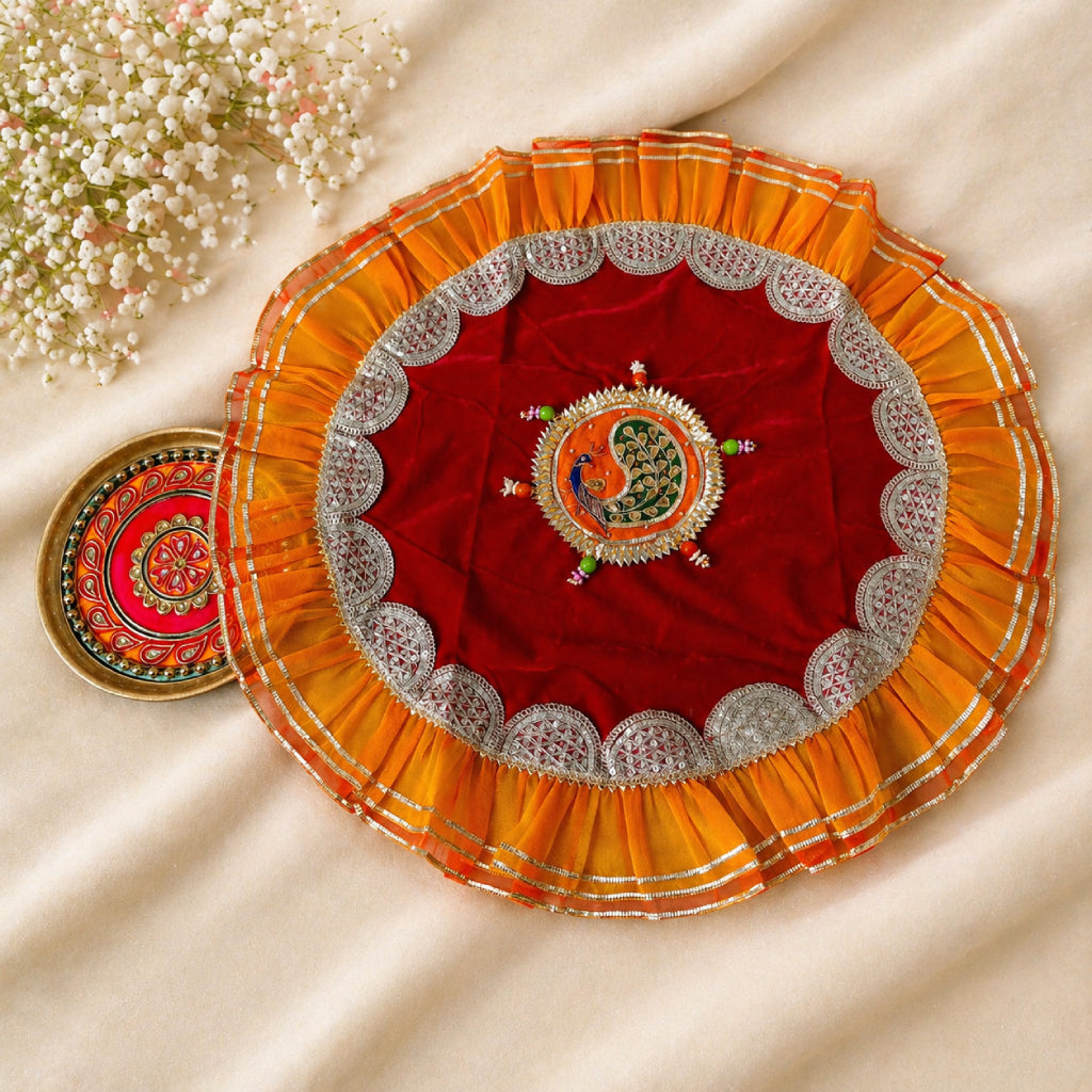 Pooja Thaal Cover – Velvet Fabric with Tissue Frill (18 Inch)