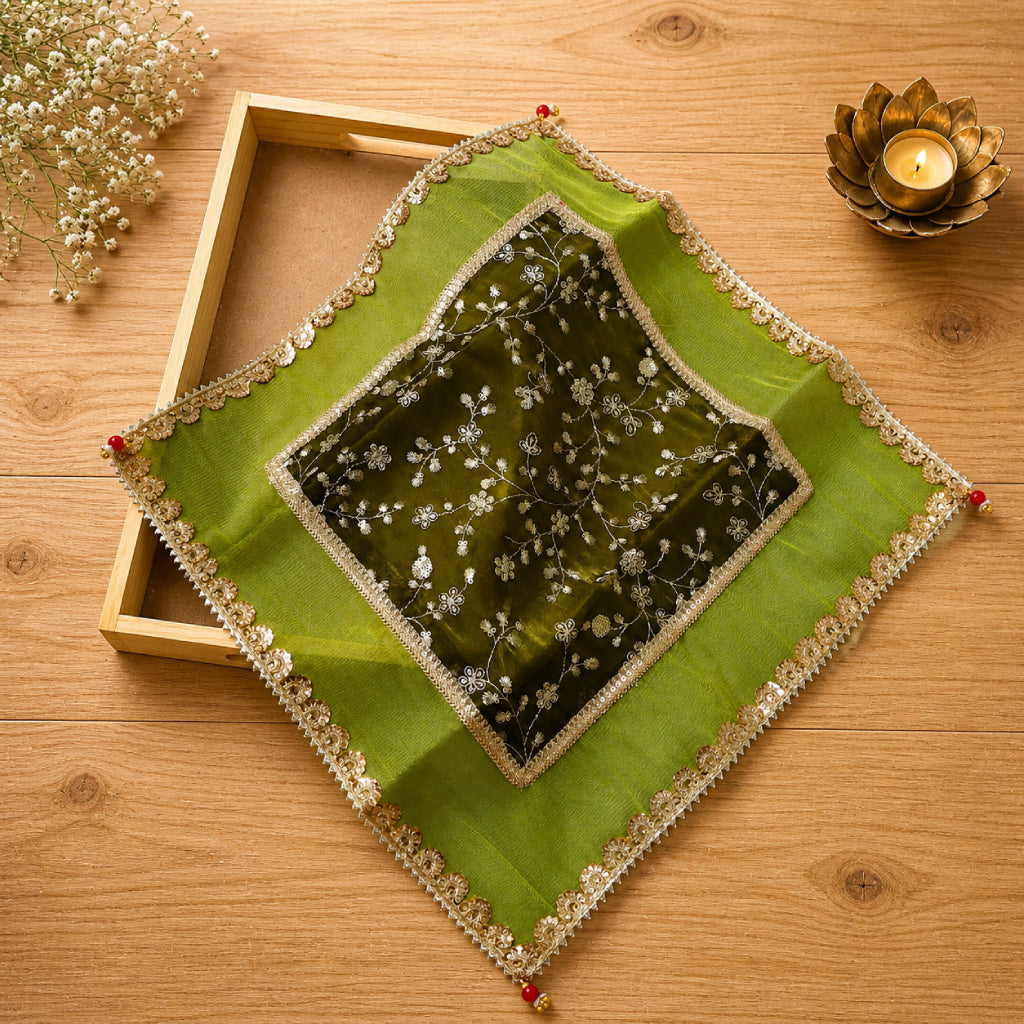 Embroidered Fabric Pooja Thali Cover – Multi Colour Designer Cloth Set