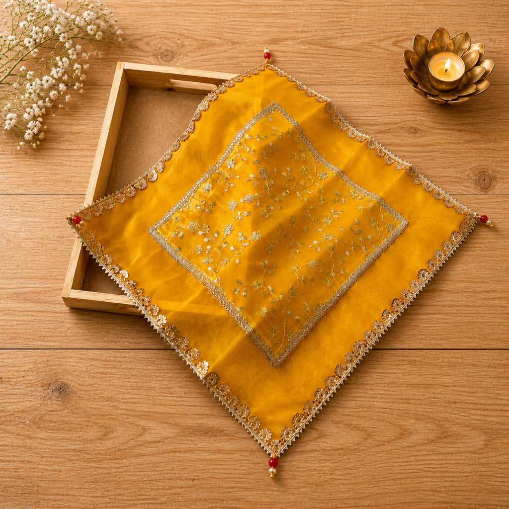 Embroidered Fabric Pooja Thali Cover – Multi Colour Designer Cloth Set