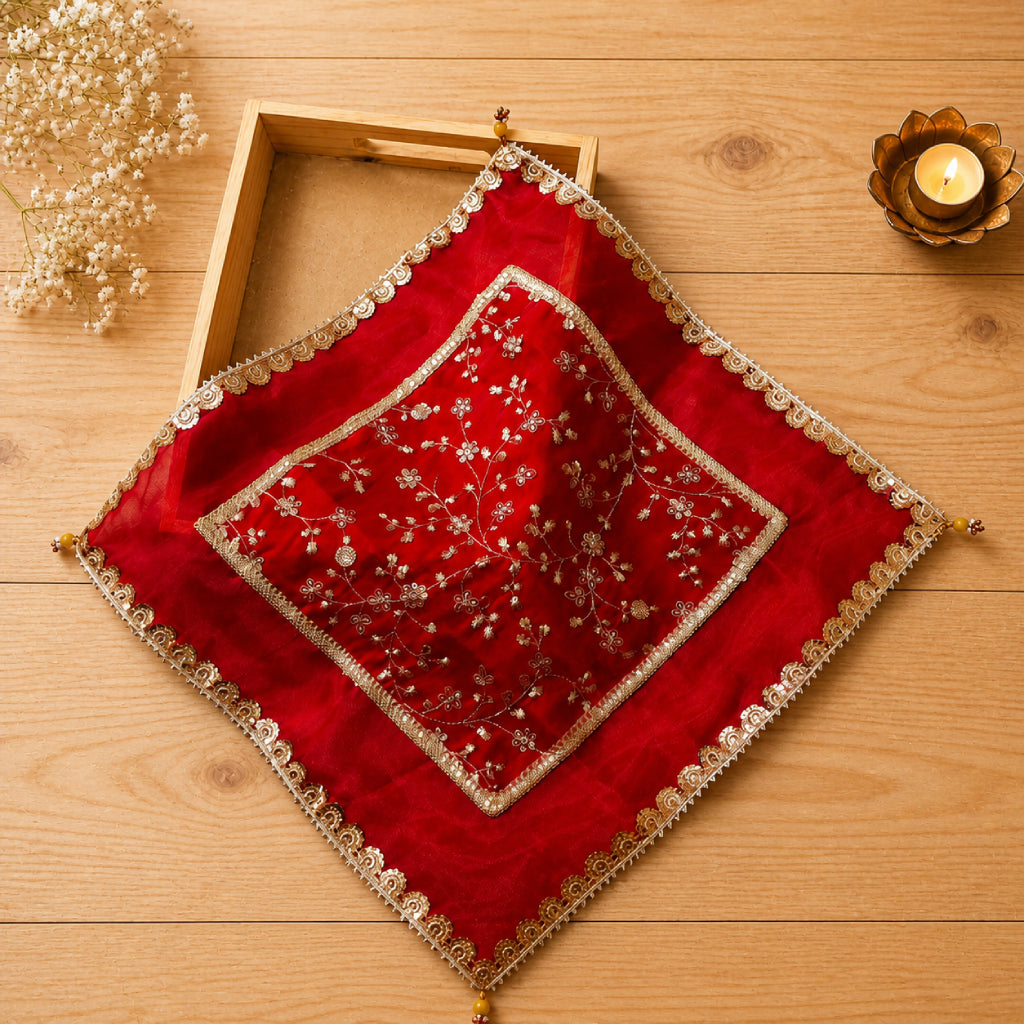 Embroidered Fabric Pooja Thali Cover – Multi Colour Designer Cloth Set