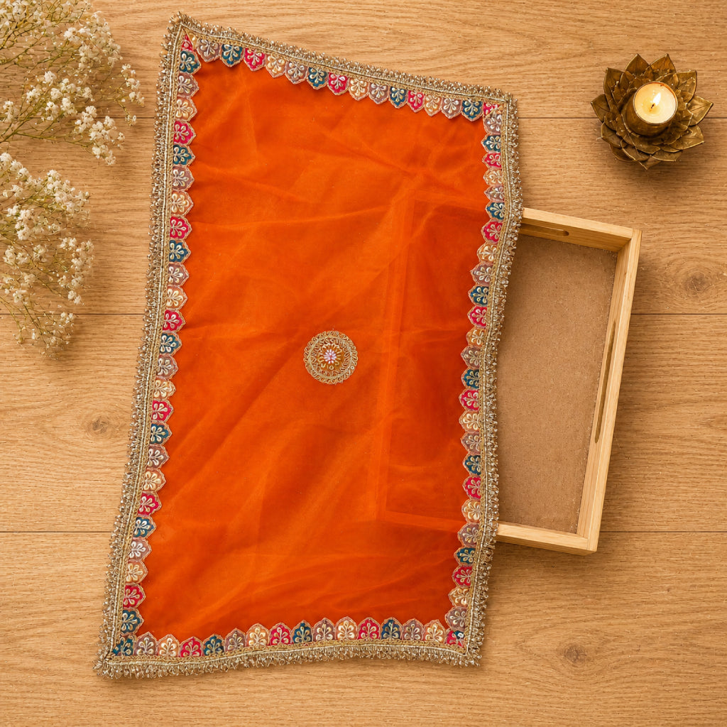 Designer Pooja Thali Cloth Cover (25x16 Inches) – Embroidered Net Fabric with Lace Border