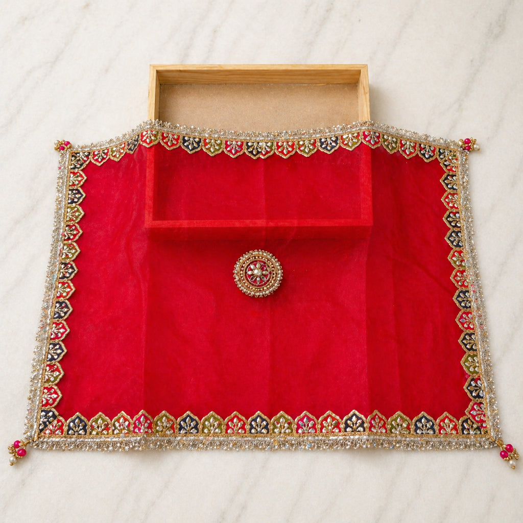Designer Pooja Thali Cloth Cover (25x16 Inches) – Embroidered Net Fabric with Lace Border