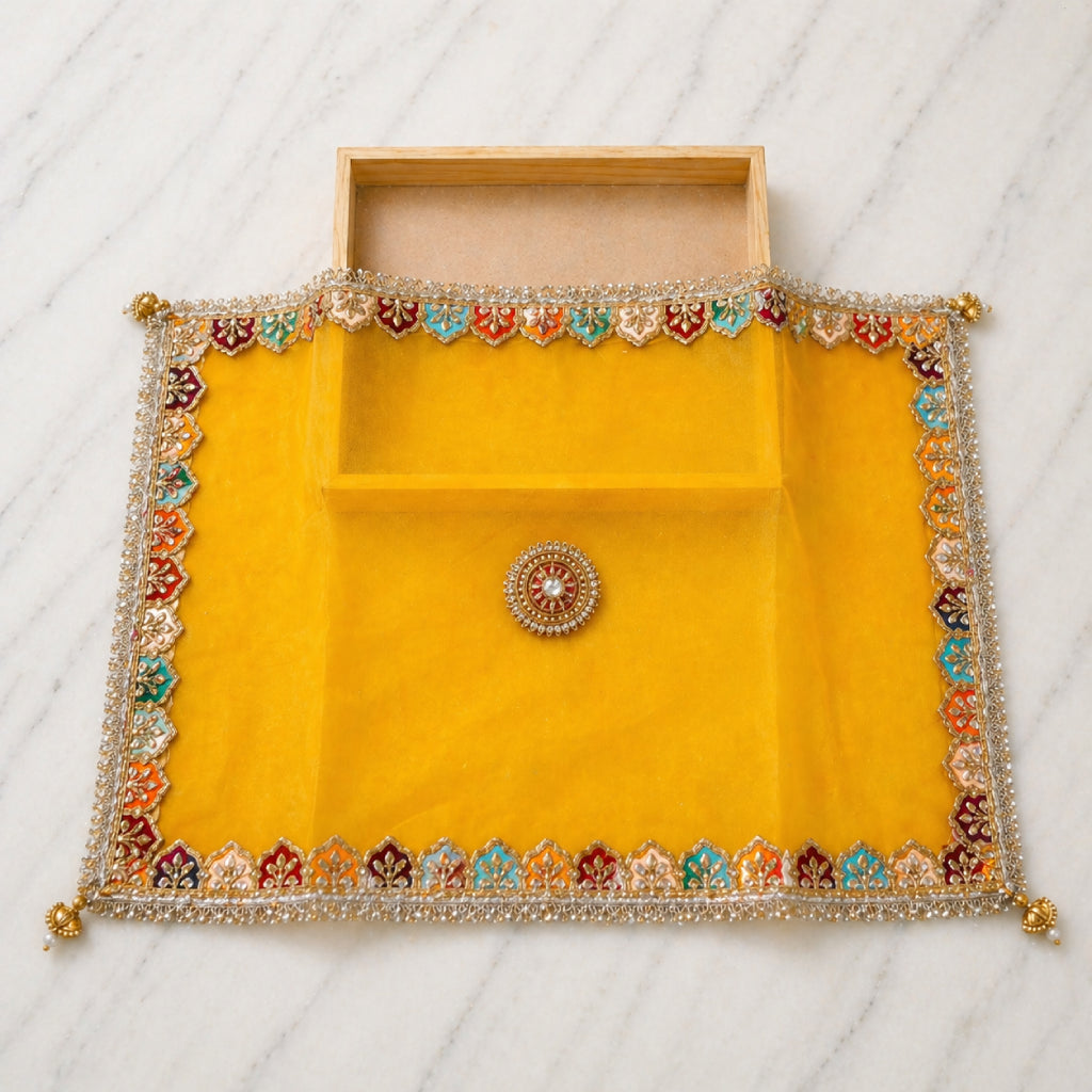 Designer Pooja Thali Cloth Cover (25x16 Inches) – Embroidered Net Fabric with Lace Border