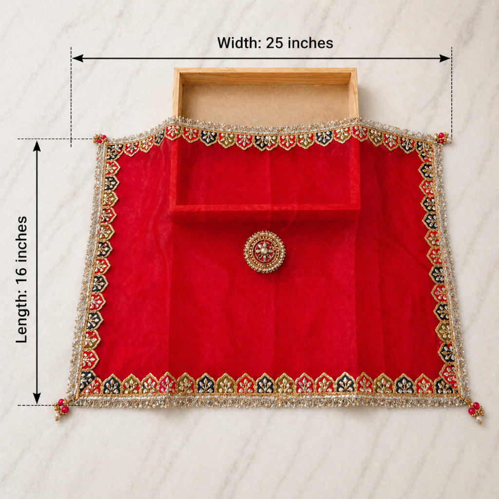 Designer Pooja Thali Cloth Cover (25x16 Inches) – Embroidered Net Fabric with Lace Border