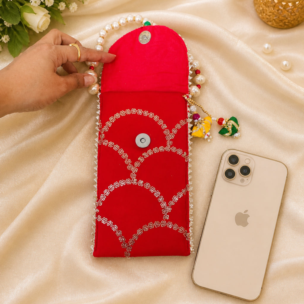 Elegant Mobile Pouch Cover with Pearl Handle – Multi Colour Options