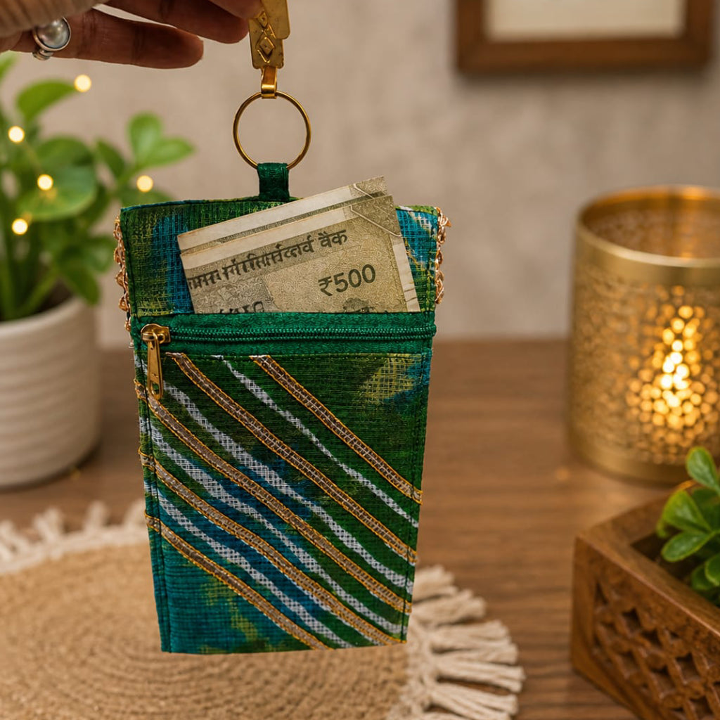 Multi-Color Fabric Mobile Cover Wallet with Keychain Zip Pocket