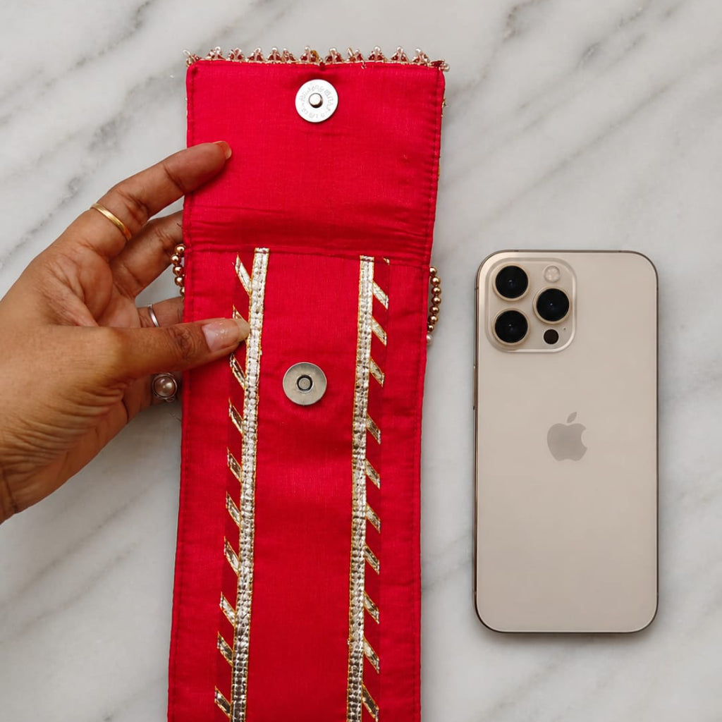 Handcrafted Ethnic Fabric Mobile Cover with Pearl Handle