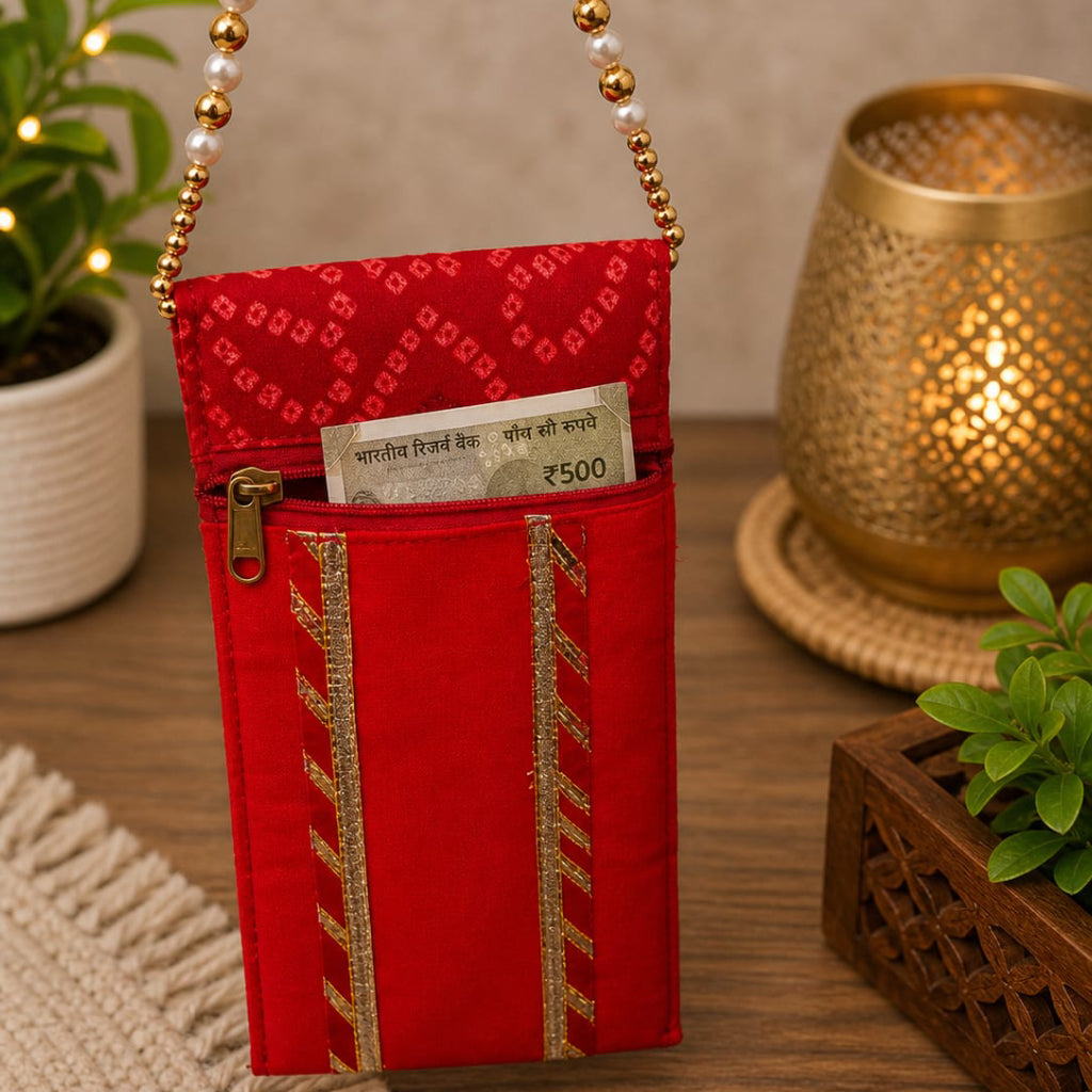 Handcrafted Ethnic Fabric Mobile Cover with Pearl Handle