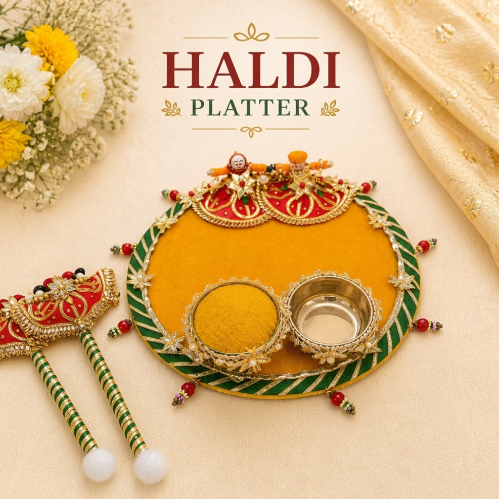 Wedding Haldi Platter Set with Decorative Haldi Sticks – Multi-Color