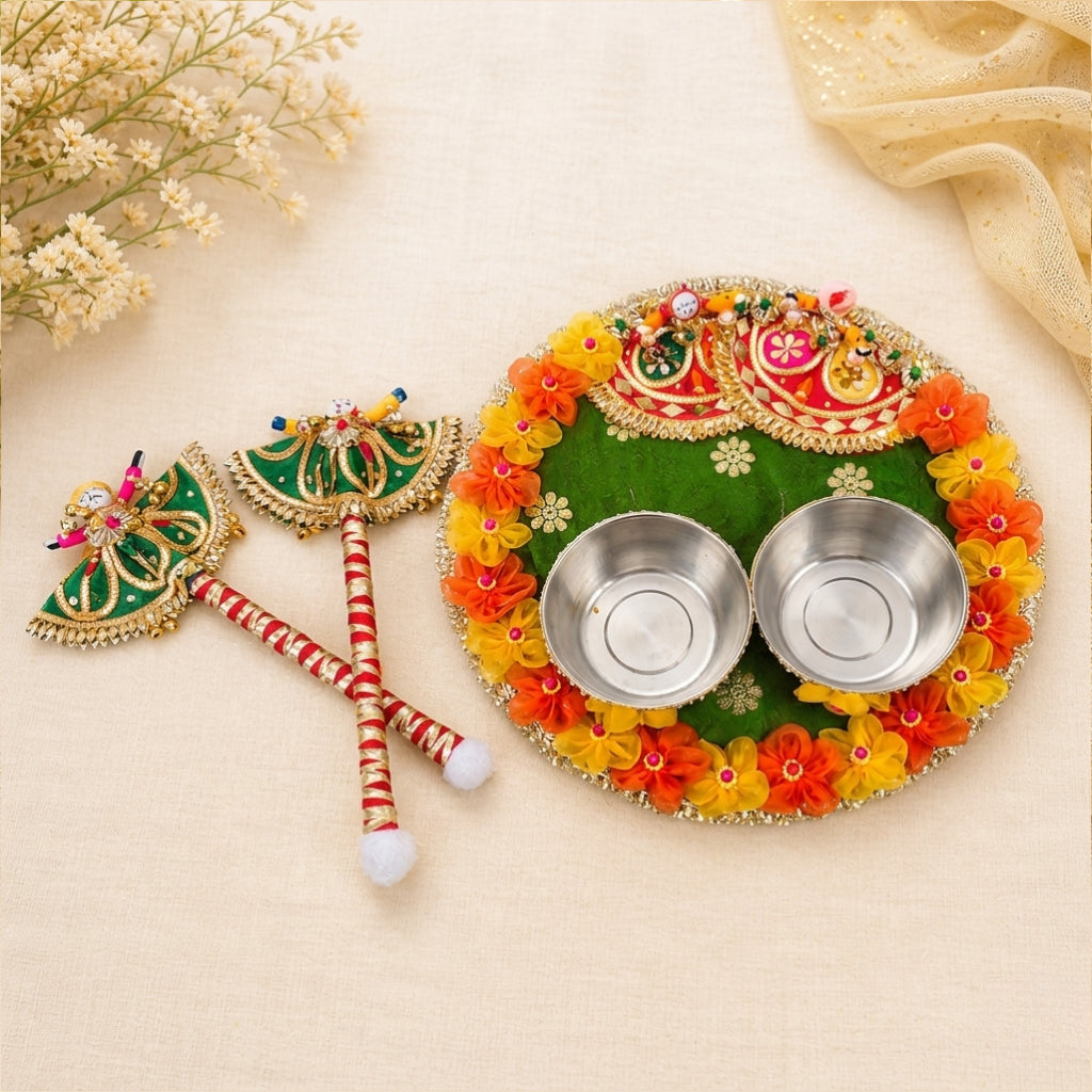 Mehndi Ceremony Platter & Sticks Set – Traditional Wedding Decor Accessories