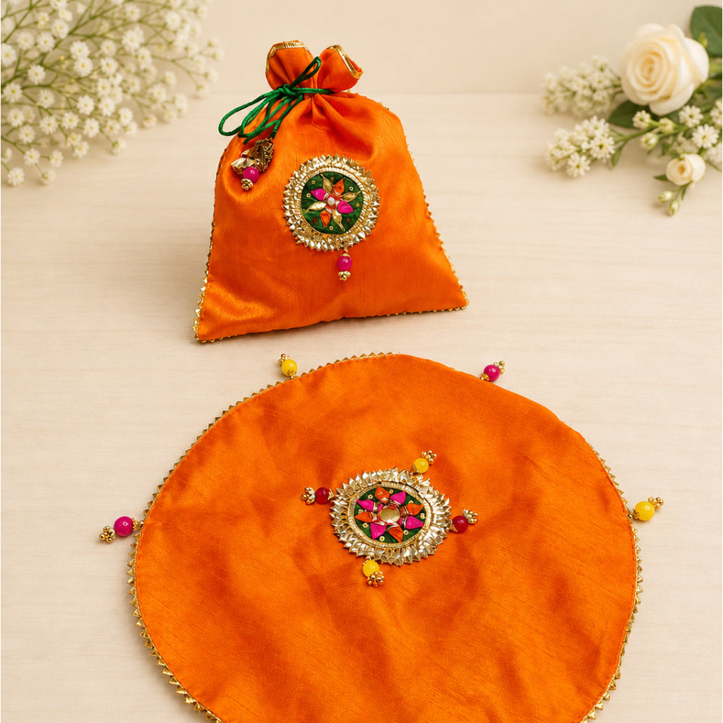 Papad Mangodi Potli Bag Set – Multicolor Dupion Wedding Gift Pouch Set