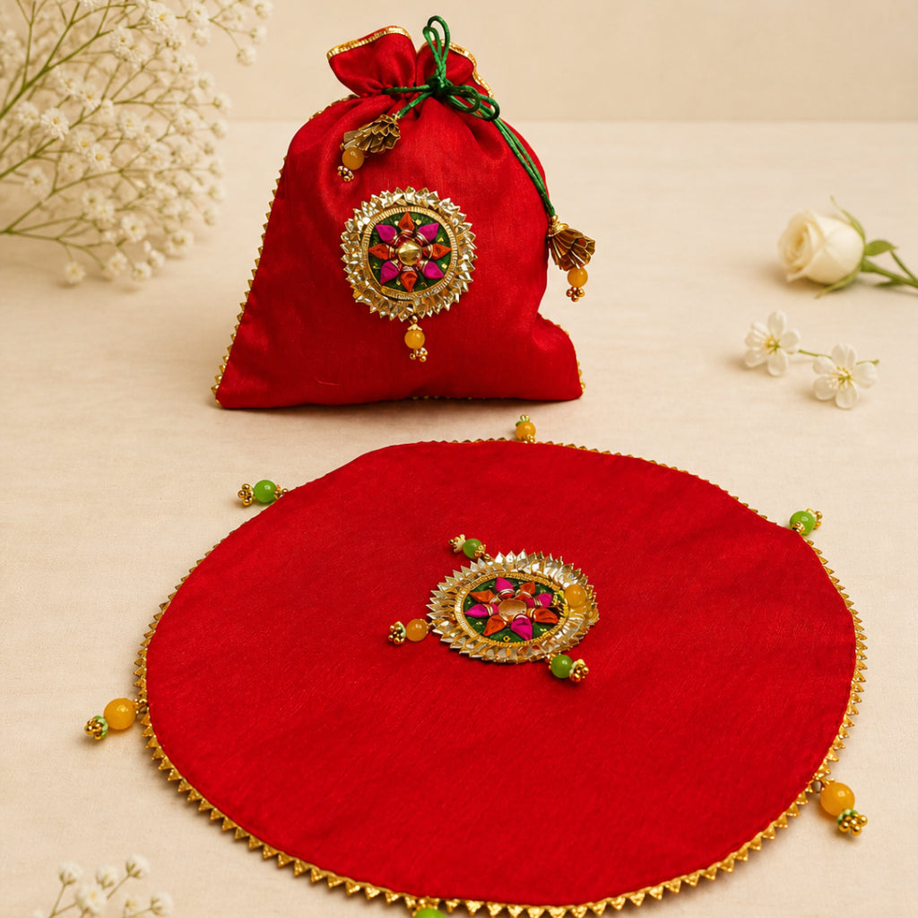 Papad Mangodi Potli Bag Set – Multicolor Dupion Wedding Gift Pouch Set