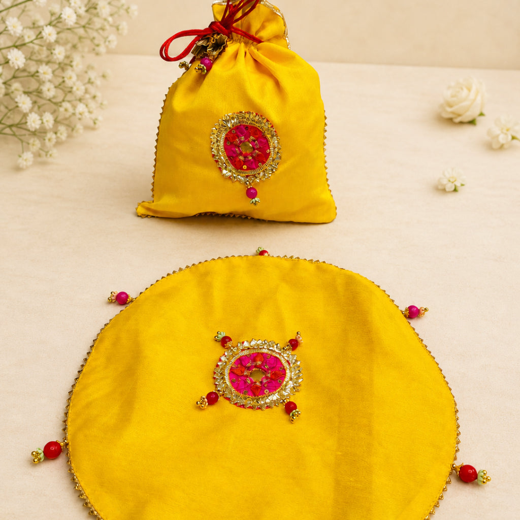 Papad Mangodi Potli Bag Set – Multicolor Dupion Wedding Gift Pouch Set