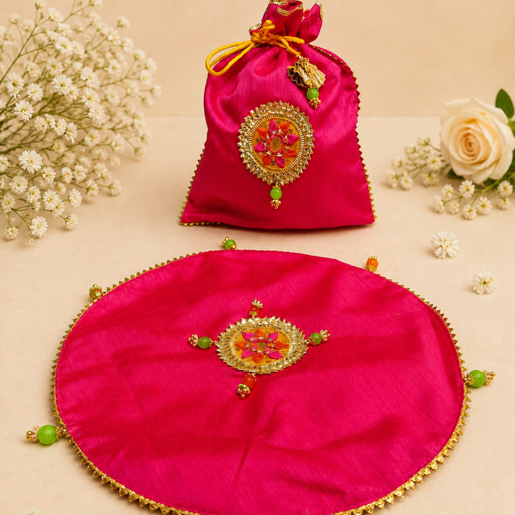 Papad Mangodi Potli Bag Set – Multicolor Dupion Wedding Gift Pouch Set