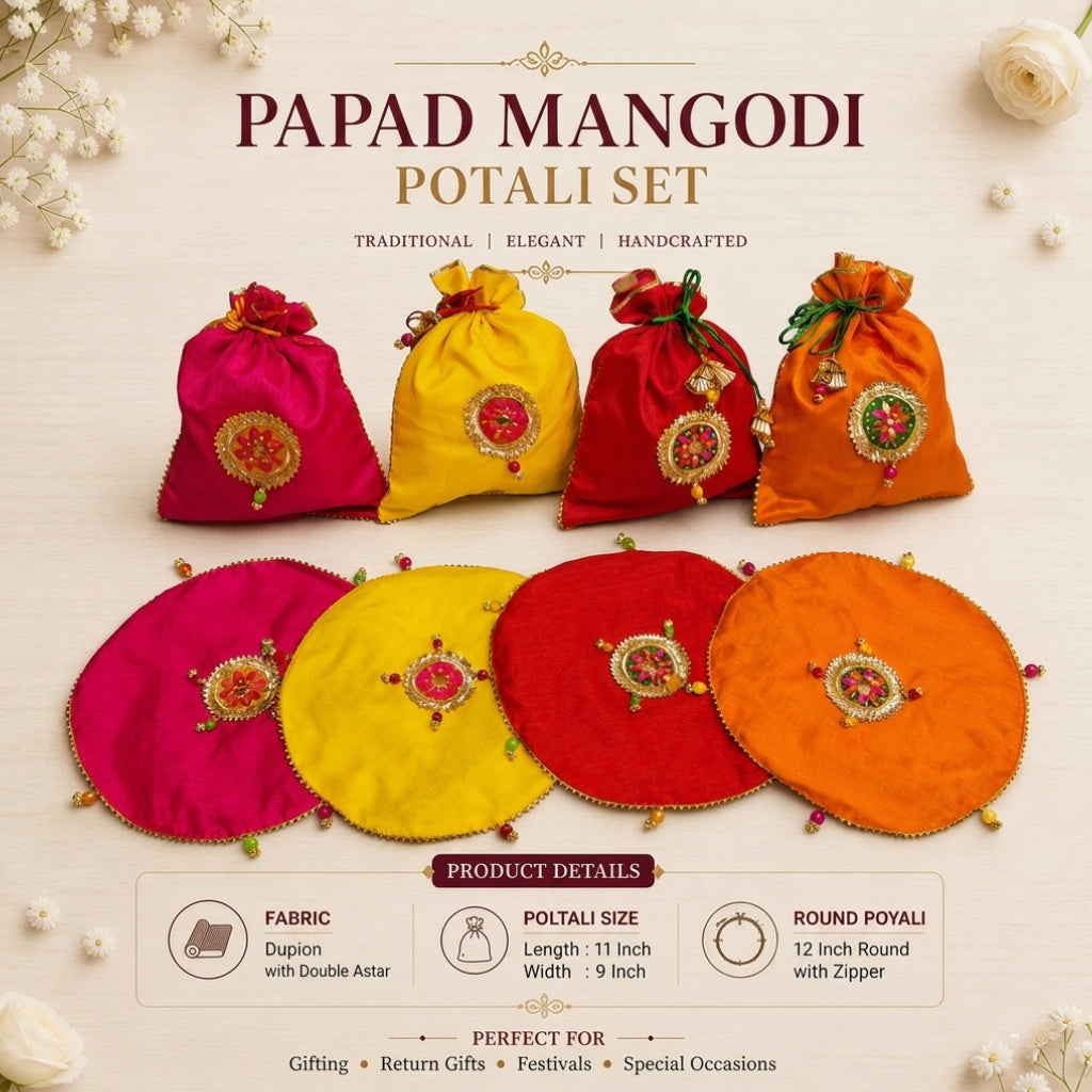 Papad Mangodi Potli Bag Set – Multicolor Dupion Wedding Gift Pouch Set