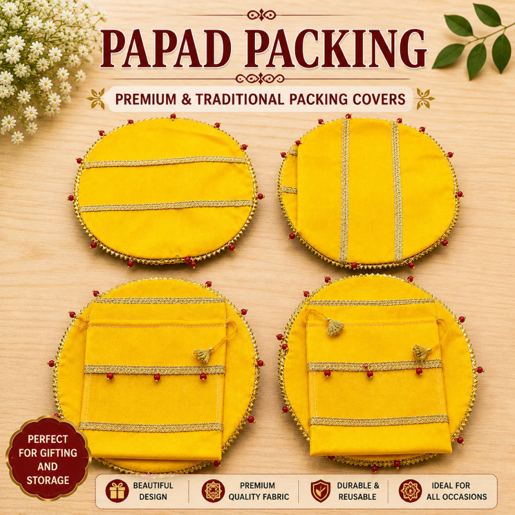 Papad Packing Cover Set – Round Dupion Fabric Wedding Packing Accessories