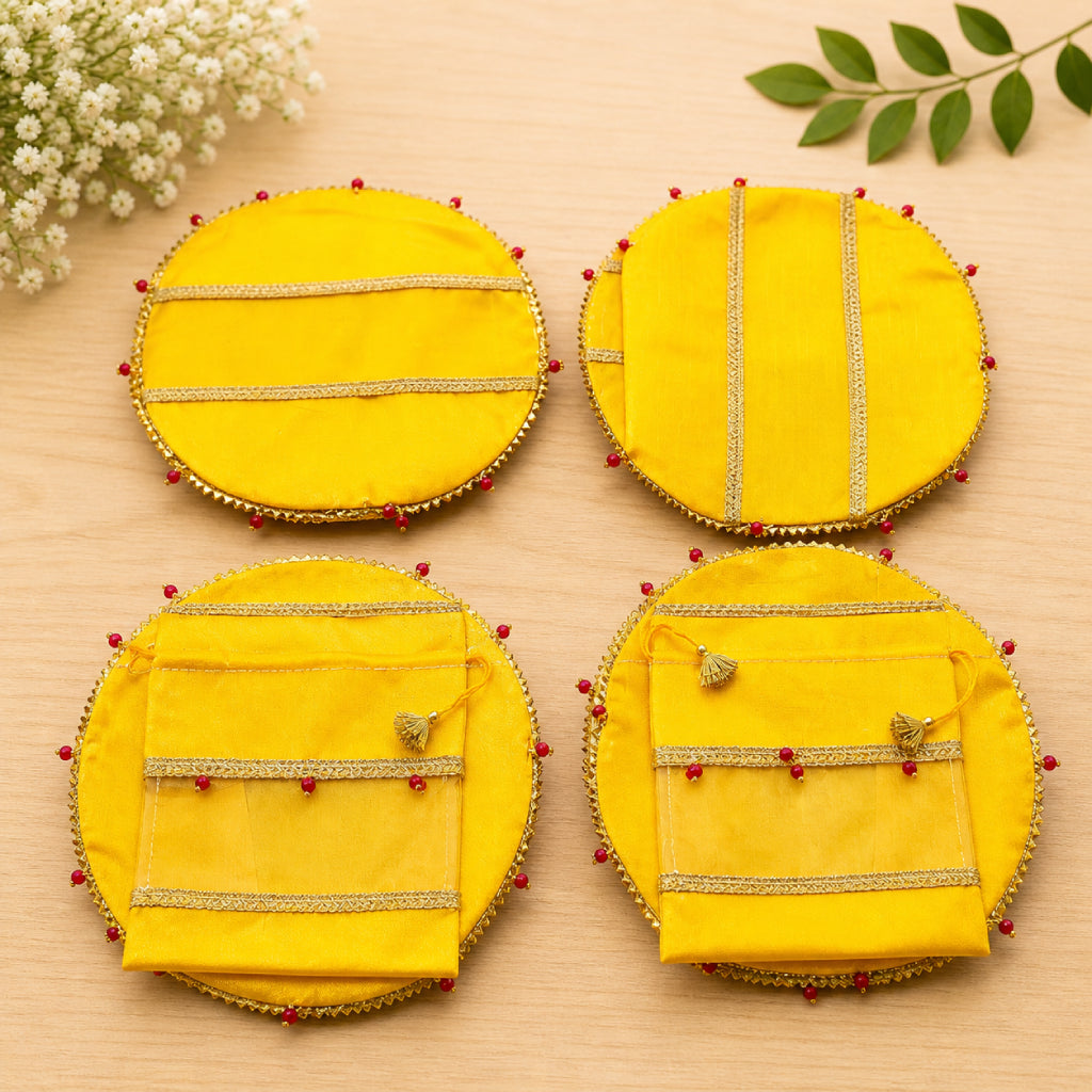 Papad Packing Cover Set – Round Dupion Fabric Wedding Packing Accessories