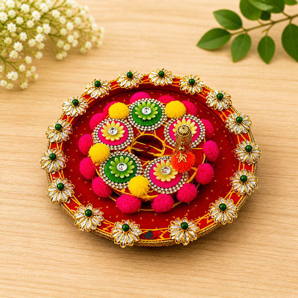 Handmade Puja Thali – Multicolor Decorative Chak for Festive Use
