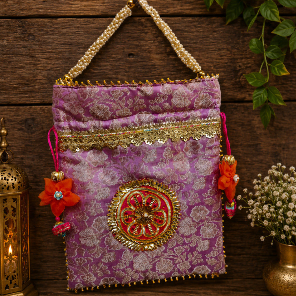 Designer Brocade Potli Bag for Women – Ethnic Pearl Handle Bag