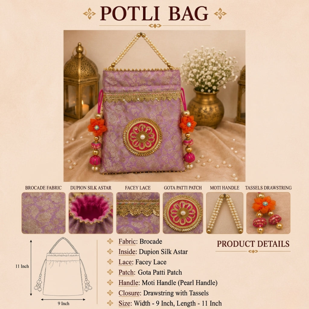 Designer Brocade Potli Bag for Women – Ethnic Pearl Handle Bag