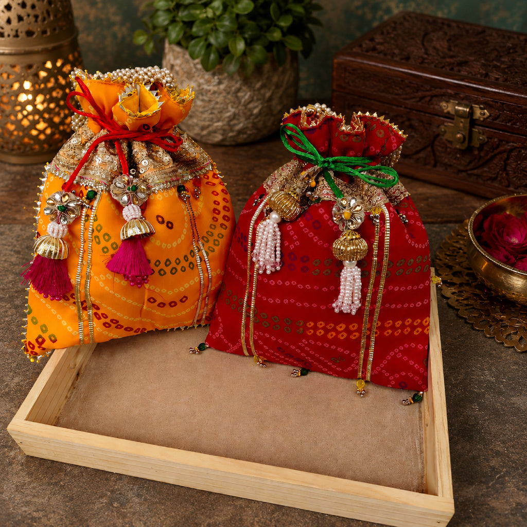Bandhani Potli Bag with Pearl Handle