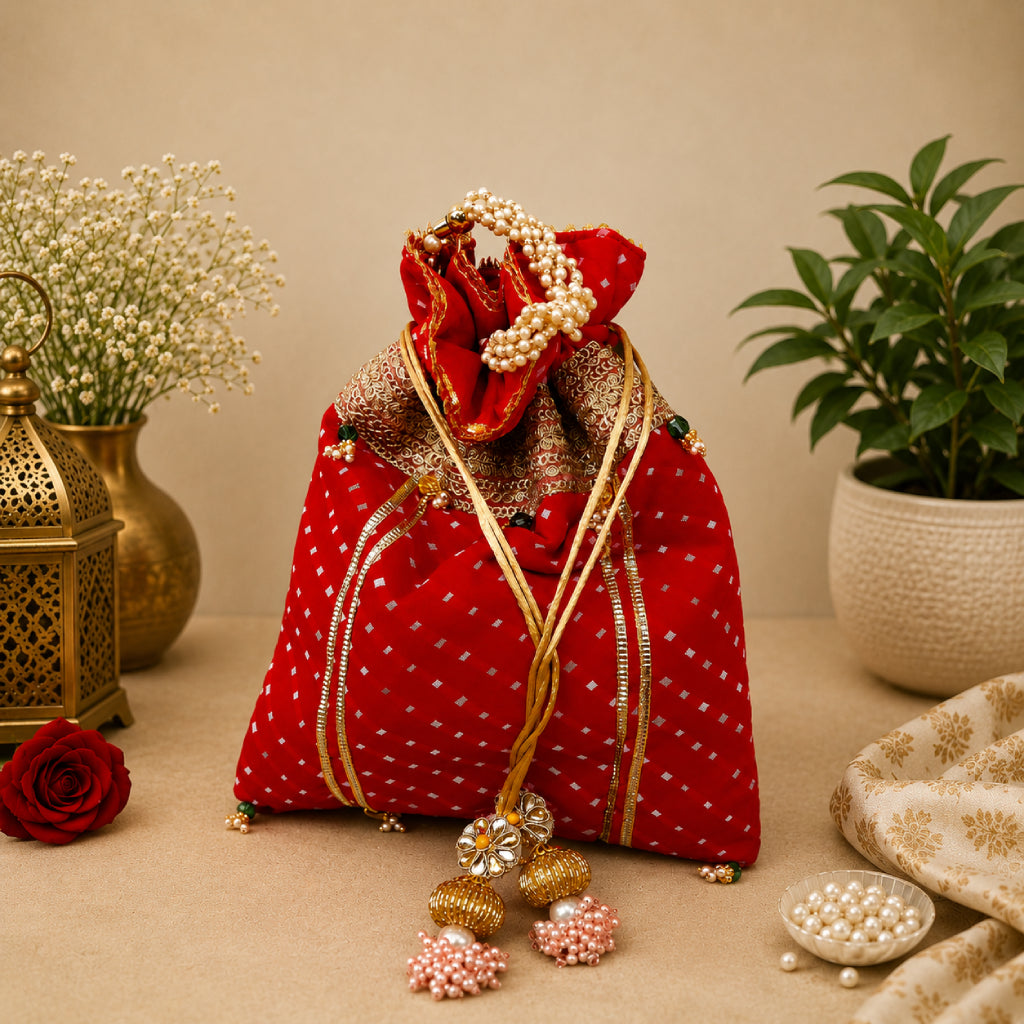 Mothda Potli Bag with Pearl Handle | Ethnic Wedding Clutch Multi-Color