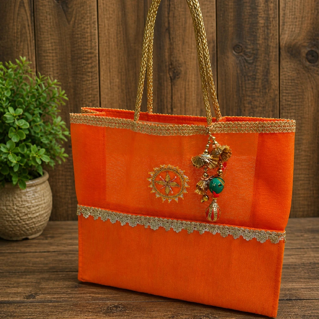 Dupion Silk Tote Bag for Women | Ethnic Handbag with Tissue Fabric