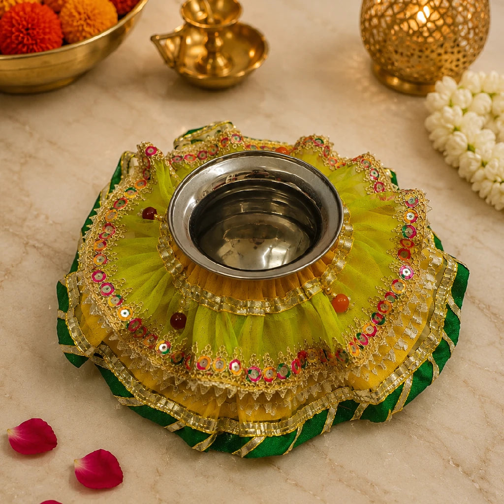 Green Tissue Thali & Kalash Frill Set