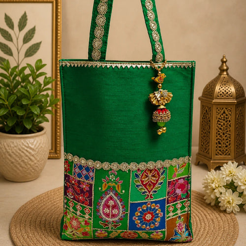 Designer Dupion Silk Ethnic Handbag for Women | Traditional Gift Tote Bag