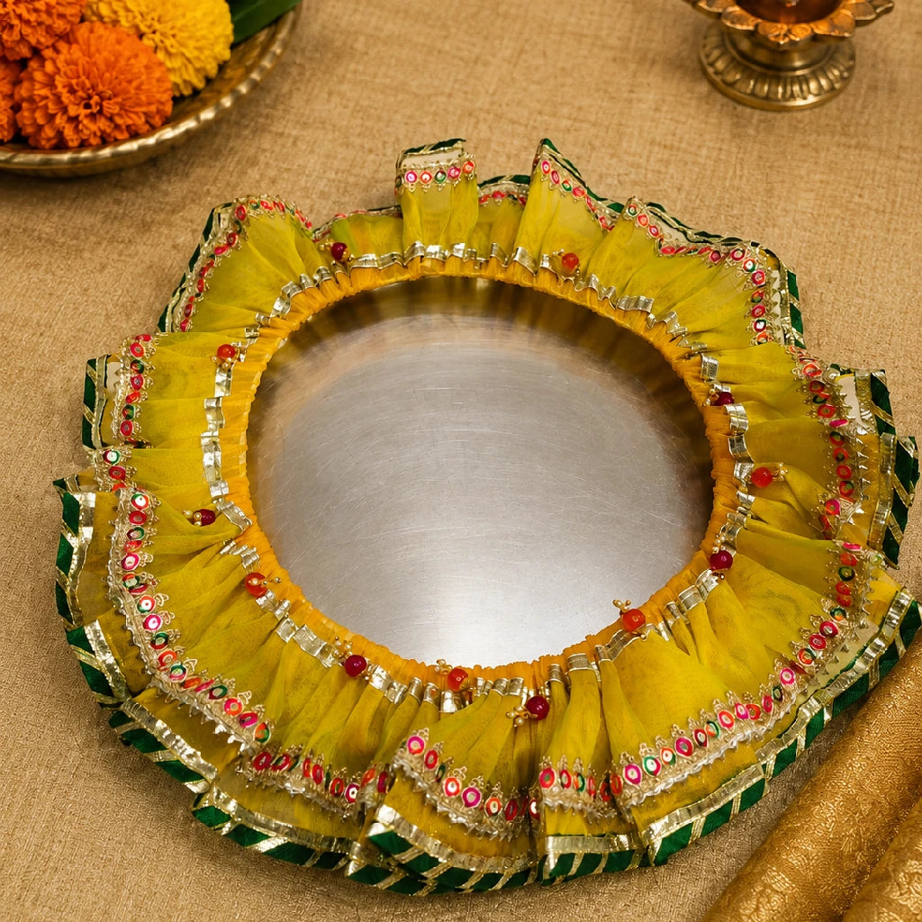 Green Tissue Thali & Kalash Frill Set