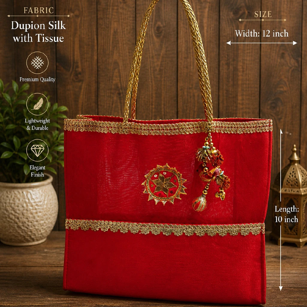 Dupion Silk Tote Bag for Women | Ethnic Handbag with Tissue Fabric