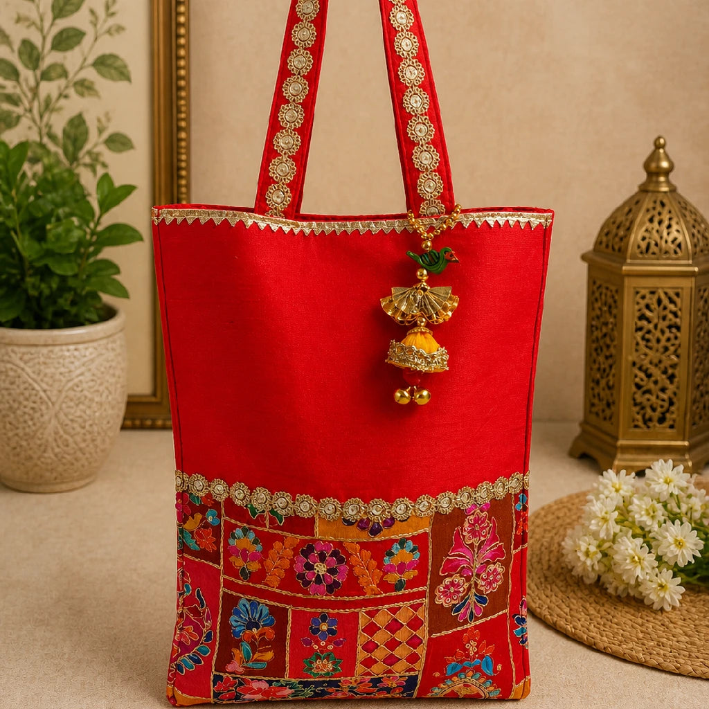 Designer Dupion Silk Ethnic Handbag for Women | Traditional Gift Tote Bag
