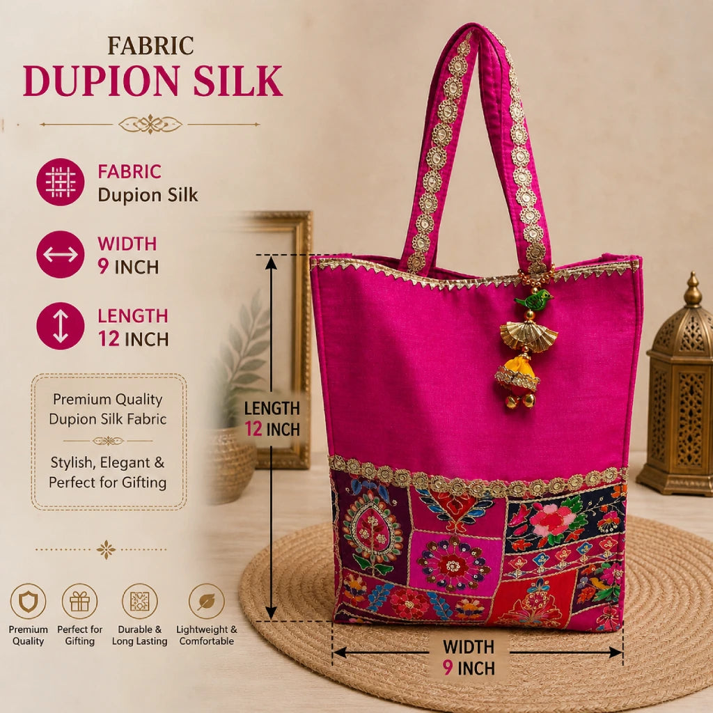 Designer Dupion Silk Ethnic Handbag for Women | Traditional Gift Tote Bag