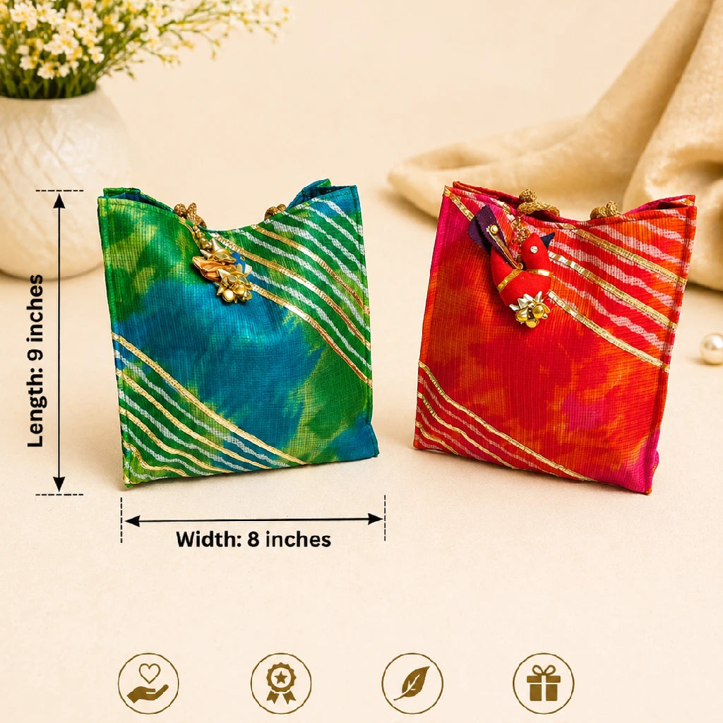 Traditional Leheriya Fabric Gift Bag for Women | Ethnic Potli Handbag