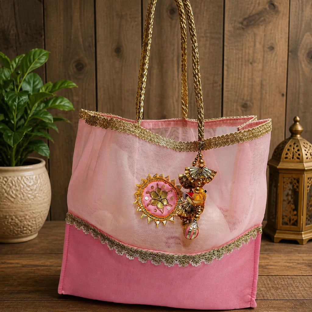 Dupion Silk Tote Bag for Women | Ethnic Handbag with Tissue Fabric