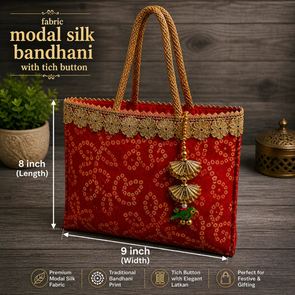 Designer Modal Silk Bandhani Handbag for Women | Multicolor