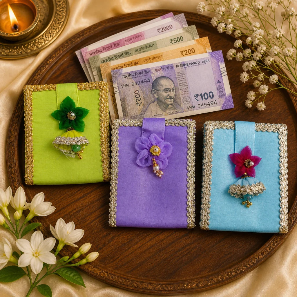 Shagun Coin Pouch with Flower Tassel – Dupion Grey & Gold