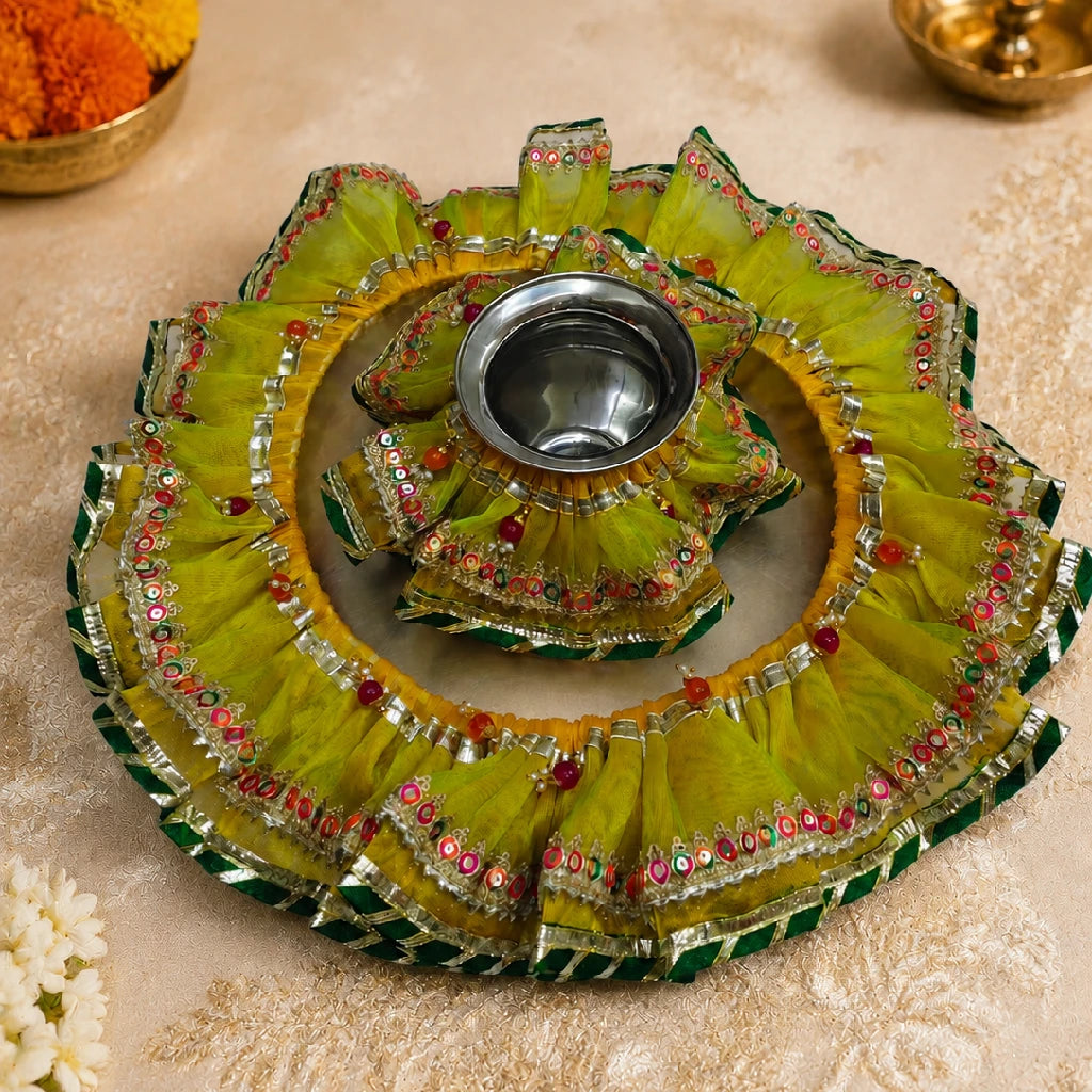 Green Tissue Thali & Kalash Frill Set