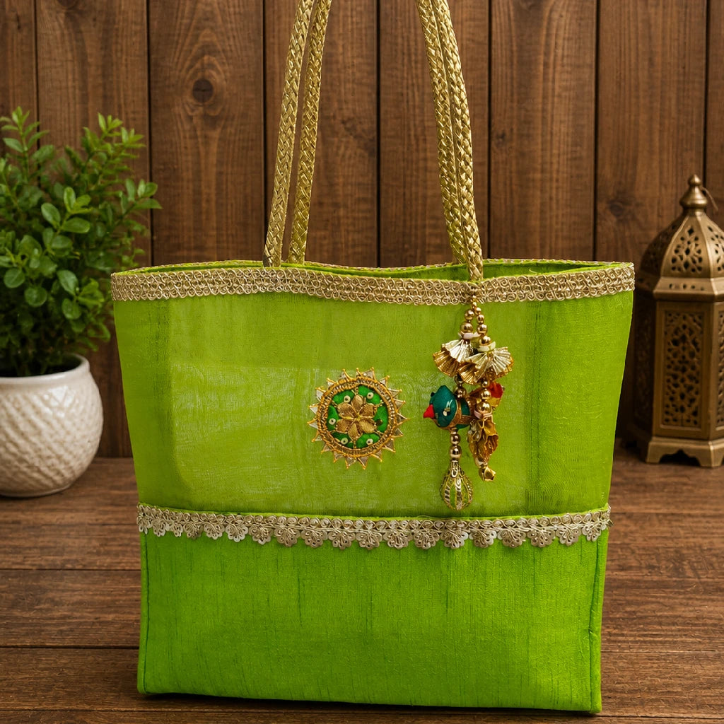 Dupion Silk Tote Bag for Women | Ethnic Handbag with Tissue Fabric