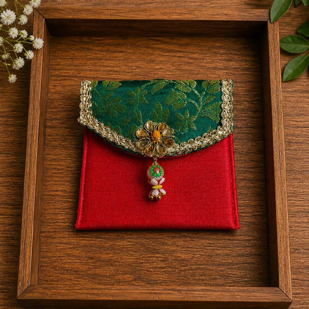 Shagun Pouch – Dupion & Brocade Gift Pouch (Red Green)